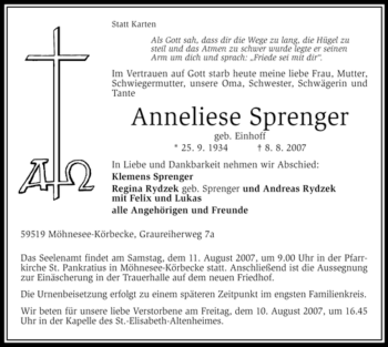 Todesanzeige von Anneliese Sprenger von WESTFÄLISCHER ANZEIGER