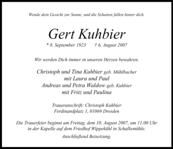 Todesanzeige von Gert Kuhbier von WESTFÄLISCHER ANZEIGER