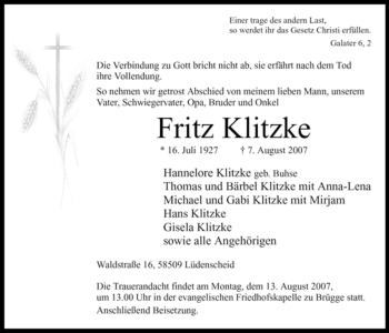Todesanzeige von Fritz Klitzke von WESTFÄLISCHER ANZEIGER