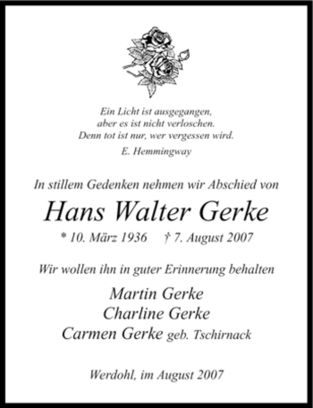 Todesanzeige von Hans Walter Gerke von WESTFÄLISCHER ANZEIGER