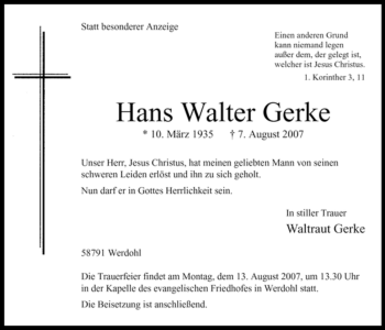 Todesanzeige von Hans Walter Gerke von WESTFÄLISCHER ANZEIGER