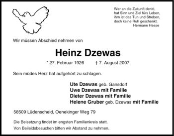 Todesanzeige von Heinz Dzewas von WESTFÄLISCHER ANZEIGER