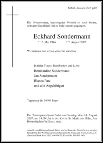 Todesanzeige von Eckhard Sondermann von WESTFÄLISCHER ANZEIGER