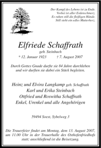 Todesanzeige von Elfriede Schaffrath von WESTFÄLISCHER ANZEIGER