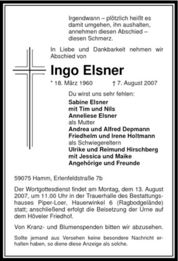 Todesanzeige von Ingo Elsner von WESTFÄLISCHER ANZEIGER