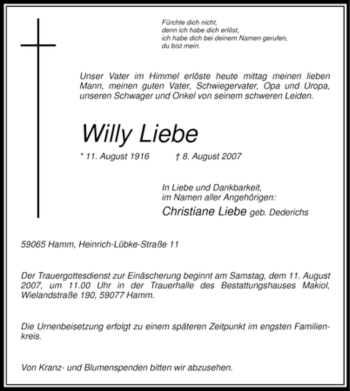 Todesanzeige von Willy Liebe von WESTFÄLISCHER ANZEIGER