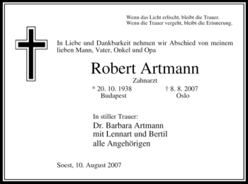Todesanzeige von Robert Artmann von WESTFÄLISCHER ANZEIGER