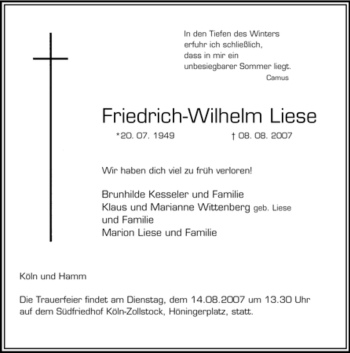 Todesanzeige von Friedrich-Wilhelm Liese von WESTFÄLISCHER ANZEIGER
