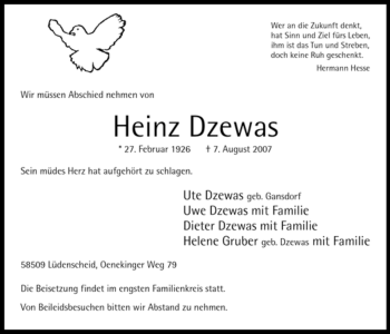 Todesanzeige von Heinz Dzewas von WESTFÄLISCHER ANZEIGER