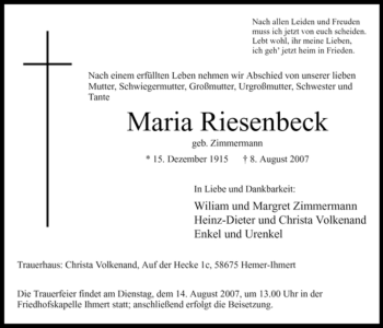 Todesanzeige von Maria Riesenbeck von WESTFÄLISCHER ANZEIGER