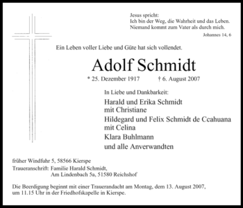 Todesanzeige von Adolf Schmidt von WESTFÄLISCHER ANZEIGER