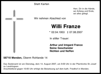 Todesanzeige von Willi Franze von WESTFÄLISCHER ANZEIGER