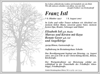 Todesanzeige von Franz Istl von WESTFÄLISCHER ANZEIGER