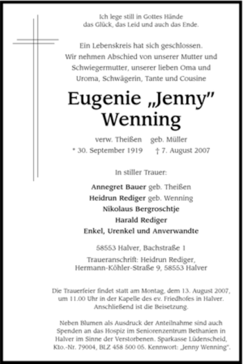 Todesanzeige von Eugenie Wenning von WESTFÄLISCHER ANZEIGER