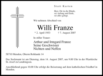 Todesanzeige von Willi Franze von WESTFÄLISCHER ANZEIGER