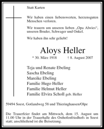 Todesanzeige von Aloys Heller von WESTFÄLISCHER ANZEIGER