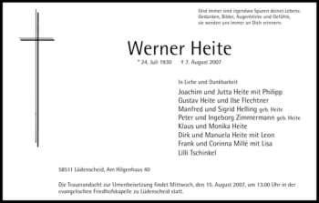 Todesanzeige von Werner Heite von WESTFÄLISCHER ANZEIGER
