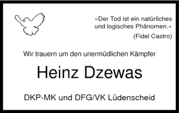 Todesanzeige von Heinz Dzewas von WESTFÄLISCHER ANZEIGER