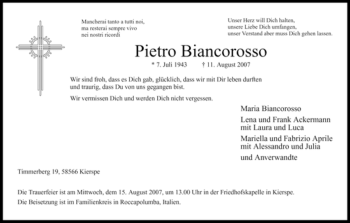 Todesanzeige von Pietro Biancorosso von WESTFÄLISCHER ANZEIGER