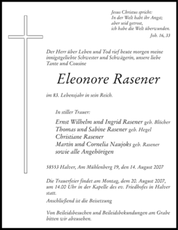Todesanzeige von Eleonore Rasener von WESTFÄLISCHER ANZEIGER