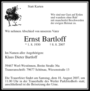 Todesanzeige von Ernst Bartloff von WESTFÄLISCHER ANZEIGER