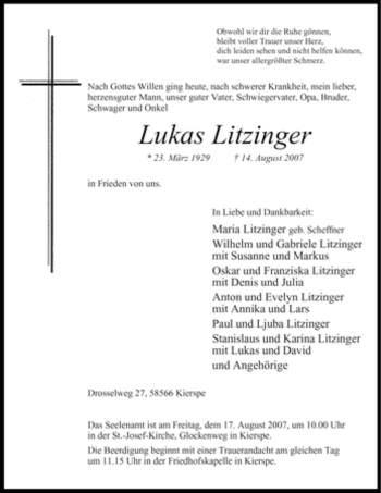 Todesanzeige von Lukas Litzinger von WESTFÄLISCHER ANZEIGER