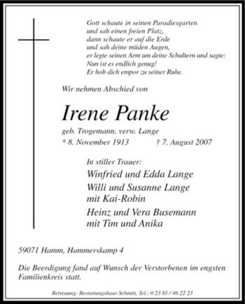 Todesanzeige von Irene Panke von WESTFÄLISCHER ANZEIGER