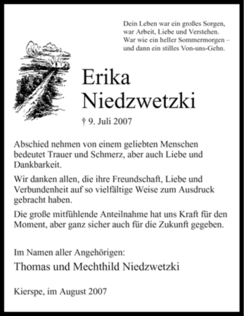 Todesanzeige von Erika Niedzwetzki von WESTFÄLISCHER ANZEIGER
