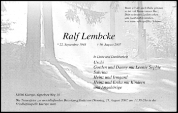 Todesanzeige von Ralf Lembcke von WESTFÄLISCHER ANZEIGER