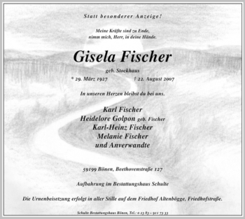 Todesanzeige von Gisela Fischer von WESTFÄLISCHER ANZEIGER