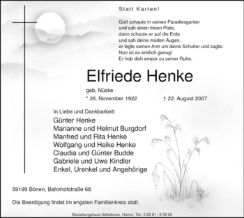 Todesanzeige von Elfriede Henke von WESTFÄLISCHER ANZEIGER