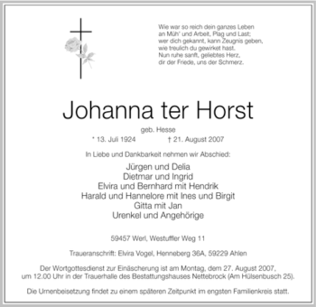 Todesanzeige von Johanna ter Horst von WESTFÄLISCHER ANZEIGER