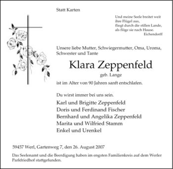 Todesanzeige von Klara Zeppenfeld von WESTFÄLISCHER ANZEIGER