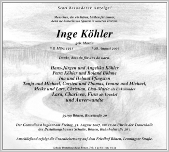 Todesanzeige von Inge Köhler von WESTFÄLISCHER ANZEIGER