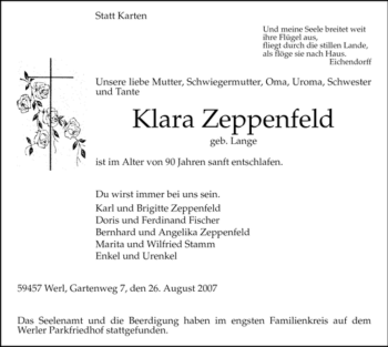 Todesanzeige von Klara Zeppenfeld von WESTFÄLISCHER ANZEIGER