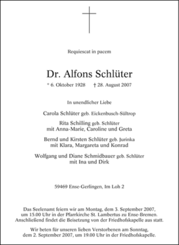 Todesanzeige von Alfons Schlüter von WESTFÄLISCHER ANZEIGER