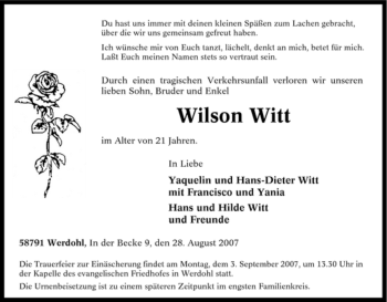 Todesanzeige von Wilson Witt von WESTFÄLISCHER ANZEIGER