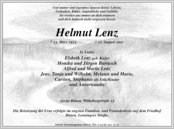 Todesanzeige von Helmut Lenz von WESTFÄLISCHER ANZEIGER