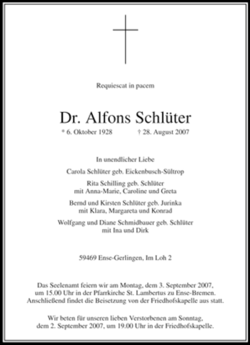 Todesanzeige von Alfons Schlüter von WESTFÄLISCHER ANZEIGER