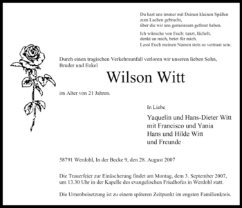 Todesanzeige von Wilson Witt von WESTFÄLISCHER ANZEIGER