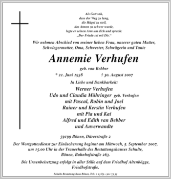 Todesanzeige von Annemie Verhufen von WESTFÄLISCHER ANZEIGER