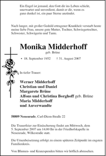 Todesanzeige von Monika Midderhoff von WESTFÄLISCHER ANZEIGER