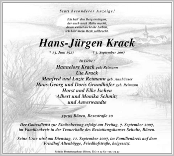 Todesanzeige von Hans-Jürgen Krack von WESTFÄLISCHER ANZEIGER