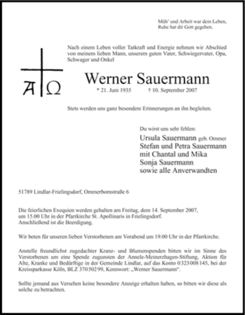 Todesanzeige von Werner Sauermann von WESTFÄLISCHER ANZEIGER