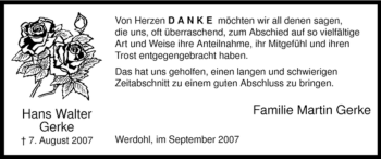 Todesanzeige von Hans Walter Gerke von WESTFÄLISCHER ANZEIGER