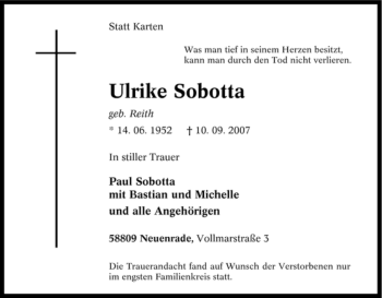 Todesanzeige von Ulrike Sobotta von WESTFÄLISCHER ANZEIGER