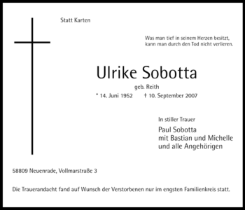 Todesanzeige von Ulrike Sobotta von WESTFÄLISCHER ANZEIGER