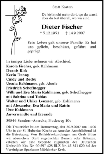 Todesanzeige von Dieter Fischer von WESTFÄLISCHER ANZEIGER