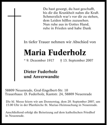 Todesanzeige von Maria Fuderholz von WESTFÄLISCHER ANZEIGER