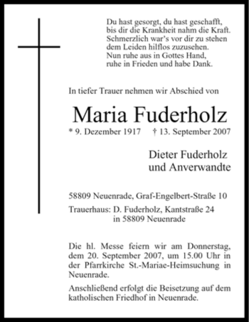 Todesanzeige von Maria Fuderholz von WESTFÄLISCHER ANZEIGER